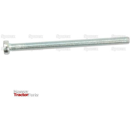 A long, threaded metal bolt with a hexagonal head on a white background. The image features partially transparent text, "Sparex," and a logo in the corner reading, "Massey Tractor Parts," highlighting its DIN 84 standard quality as seen in Metric Cheese Head Machine Screw, M5x16mm (Sparex Part No. S.54086).
