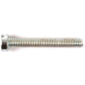 A silver metal hex bolt with a threaded shaft, pictured horizontally on a white background. This Metric Cheese Head Machine Screw, M5x35mm (DIN 84) from Sparex (Part No. S.54088), is designed to meet precise and reliable performance standards for various applications.