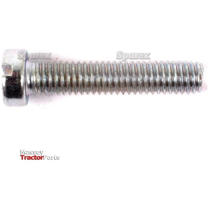 A close-up image of a Metric Cheese Head Machine Screw, M6x40mm (DIN 84), with clearly visible threading. The screw is placed against a plain white background, with the text "Massey Tractor Parts" and "Sparex" in the corners.