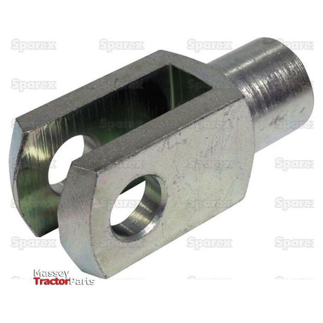 Close-up view of the Sparex Metric Clevis End M10 (Sparex Part No.S.51327) with a pin hole on each prong and a cylindrical base, conforming to DIN 71751 standards and commonly used in mechanical assemblies.
