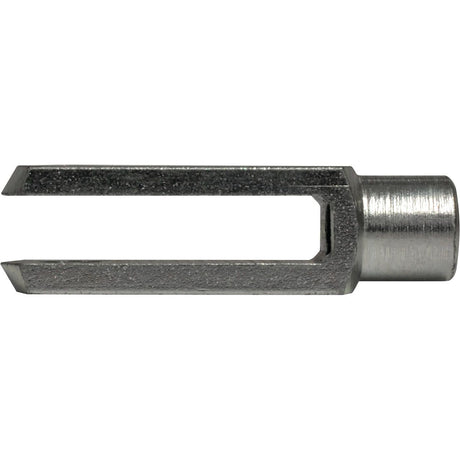 Close-up of a metal claw-like tool with two prongs and a cylindrical base, resembling the Sparex Metric Clevis End M6.0 (DIN 71751) | Sparex Part No.S.51325, on a white background.