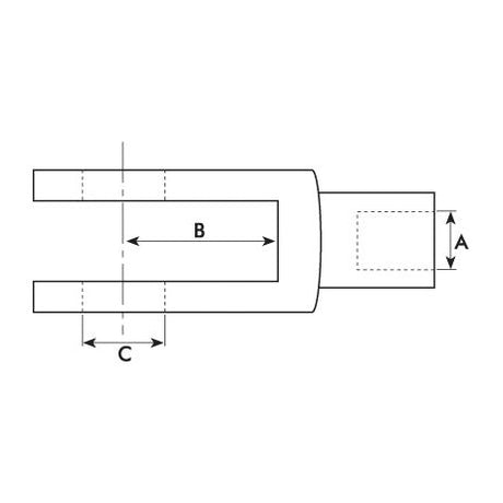 Technical drawing of a U-shaped component with measurements labeled as A (height of the narrow part), B (length of the central part), and C (distance between the prongs). This Sparex Metric Clevis End M8, Part No.S.51320, adheres to DIN 71751 standards, ensuring it fits seamlessly with your spare parts collection.