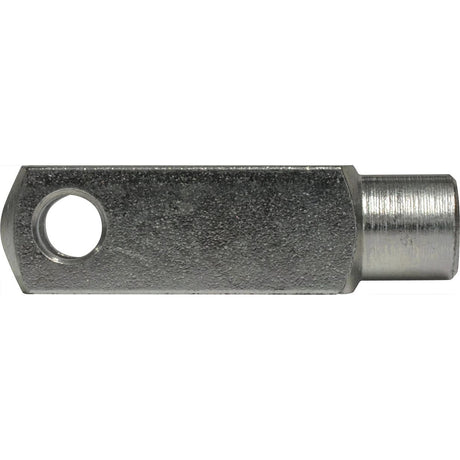 The Metric Clevis End M8 (DIN 71751), available as Sparex Part No. S.51320, features a cylindrical design on one end and an elongated hexagonal shape with a bevel on the other, and includes a circular hole near the beveled end, making it perfect for various spare parts applications.