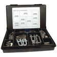 The Sparex Metric Clevis End and Pin Assortment (DIN 71751) Handipak - S.20710 is a black plastic case containing 28 various metric clevis end pins, neatly arranged in compartments. A chart inside the lid lists the specifications for each item according to DIN 71751 standards.