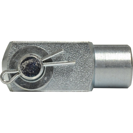 Close-up of the "Metric Clevis End with Pin M10 (DIN 71751) | Sparex Part No. S.51308", crafted for securing components together. The piece, from Sparex, features a textured surface on one end and a smooth, cylindrical section on the other, complying with DIN 71751 standards.
