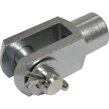 Close-up of the Sparex Metric Clevis End with Pin M12 (Sparex Part No. S.52308), compliant with DIN 71751, showing the pin and cotter pin in place, used for connecting components in mechanical systems.