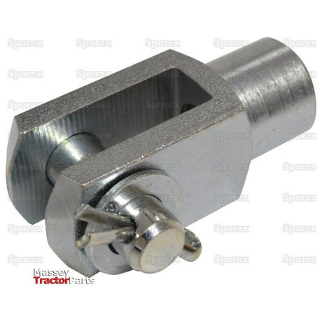 A close-up of a metallic clevis pin, the Metric Clevis End with Pin M16 (DIN 71751), featuring a cotter pin insert and showcased against a white background. "Massey Tractor Parts" and "Sparex" logos are faintly seen in the background.