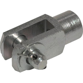 Close-up of a Sparex Metric Clevis End with Pin M4.0, featuring a cylindrical shape and a slotted opening secured by a pin and clip, conforming to DIN 71751 standards (Sparex Part No.S.52307).