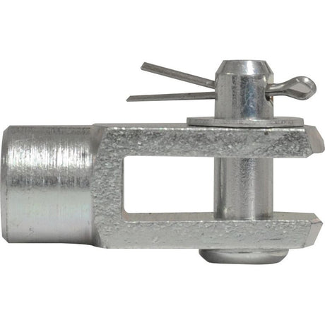A metallic clevis pin with a cylindrical body, rectangular opening, and retaining clip on one end. The precisely engineered Metric Clevis End with Pin M4.0 (DIN 71751), known as Sparex Part No. S.52307, is oriented horizontally in compliance with DIN 71751 standards from the Sparex brand.