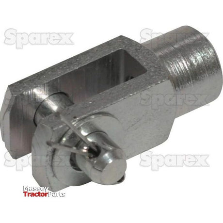 Close-up image of a shiny Metric Clevis End with Pin M5.0 (DIN 71751) featuring a retaining clip, commonly used in mechanical and agricultural equipment. The Bottom left corner displays the Massey Tractor Parts logo. This product, known by Sparex Part No.S.51305, meets DIN 71751 standards and represents the quality of the Sparex brand.