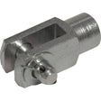 The Sparex Metric Clevis End with Pin M5.0 (Part No. S.51312) features a cylindrical body with a rectangular slot and is secured by a cotter pin, adhering to DIN 71751 standards.