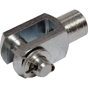 Close-up of a Sparex Metric Clevis End with a cylindrical body and a rectangular head, featuring a pin secured by a split ring clip. This clevis end adheres to DIN 71751 standards and comes in size M8.0, perfect for precise applications. Product No.S.51307.