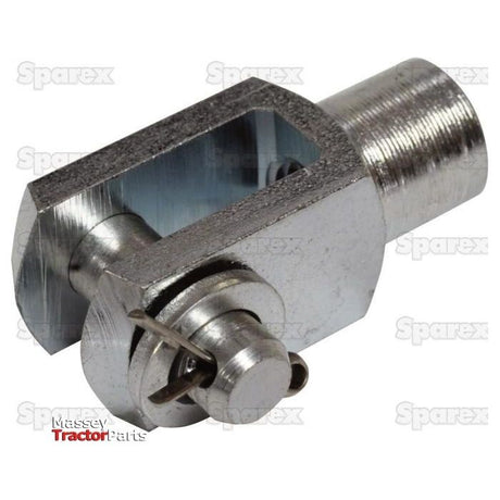 Close-up of a metallic mechanical part with a rectangular opening, a cotter pin, and a threaded end. The Sparex Metric Clevis End with Pin M8.0 (Part No.S.51307) appears well-machined and polished, adhering to DIN 71751 standards.