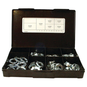 The Sparex plastic organizer box includes 60 pieces of assorted Metric Conical Spring Washers, with internal diameters ranging from 12 to 22 mm. Each compartment is labeled with part numbers and quantities on the lid for easy identification. All washers adhere to DIN 74361 standards and are zinc plated for enhanced durability. The product is listed under Sparex Part No.S.12277 and named Handipak.