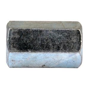 A hexagonal metal coupling nut with a worn surface and minor discoloration, this zinc-plated Metric Connecting Nut, M6x1.50mm (DIN 6334) from Sparex (Sparex Part No. S.54760) adheres to DIN 6334 standards.