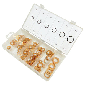 The Sparex "Metric Copper Washer, (110 pcs.) Handipak" (Part No. S.29890) is a clear plastic organizer box with multiple compartments containing assorted metric copper washers ranging from M6 to M16 sizes. The lid has labels indicating the sizes and quantities of each washer.