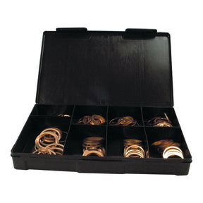 An open black plastic case containing multiple compartments filled with various sizes of metal washers, including Sparex Metric Copper Washers (Product Name: Metric Cooper Washer - S.8923) with inner diameters ranging from 22mm to 30mm and thicknesses between 1.5mm and 2mm.