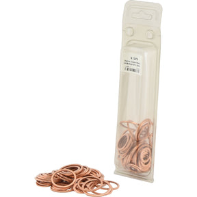 A package labeled as "Metric Copper Washer, (90 pcs.) Agripak - S.12278" from the brand Sparex sits upright. Several 1mm thick washers with an outer diameter (OD) of 10mm are also scattered in front of the package.