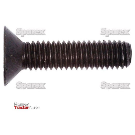 Close-up of a black, threaded M10x50mm screw with a flat, conical head on a white background. The words "Sparex" and "Massey Tractor Parts" are visible. This screw is a Metric Countersunk Hexagon Socket Screw, adhering to DIN 7991 standards, known as Sparex Part No.S.53958.