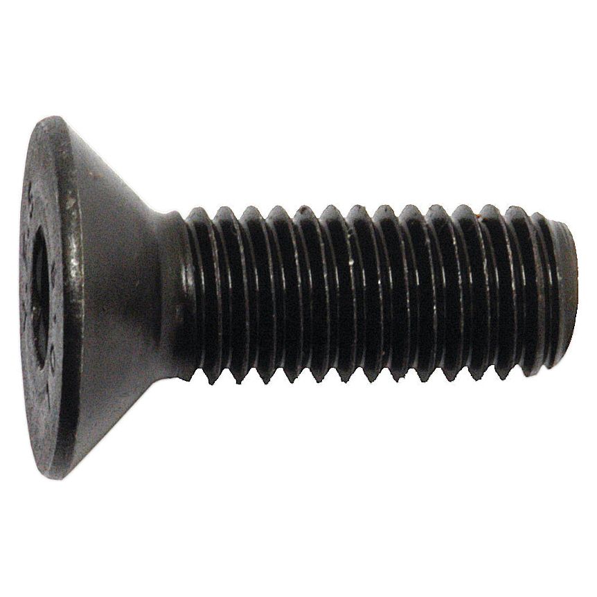 A black, steel flat-head screw with a hex socket head and threaded body, lying horizontally. This Sparex Metric Countersunk Hexagon Socket Screw (M12x35mm, DIN 7991), grade 10.9, is designed for durability and precision in various applications. The product number is S.11814.