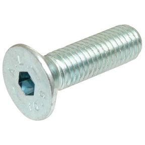 A Sparex Metric Countersunk Hexagon Socket Screw, M5x30mm (DIN 7991) with a flat cylindrical head and threaded body lies on a white background.