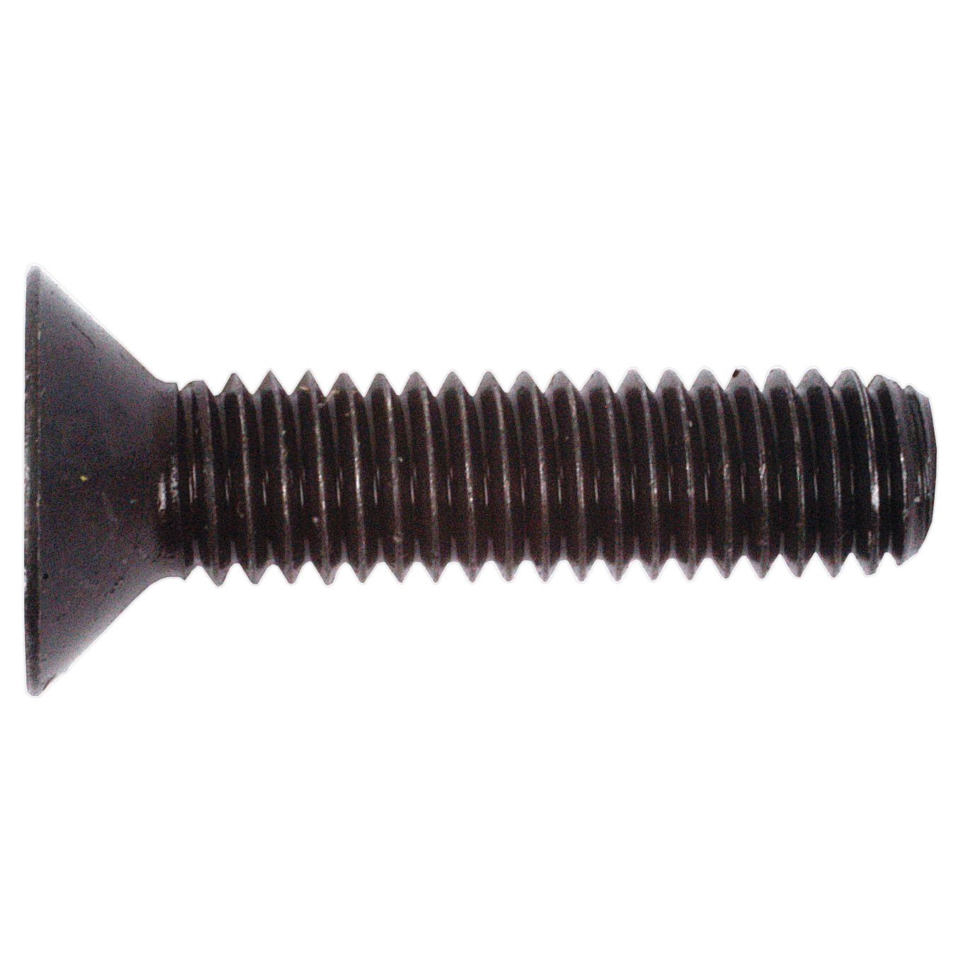 Close-up of a black, slotted, Metric Countersunk Hexagon Socket Screw (DIN 7991) with a completely threaded shank, similar to Sparex Part No. S.53949, M6x20mm size.