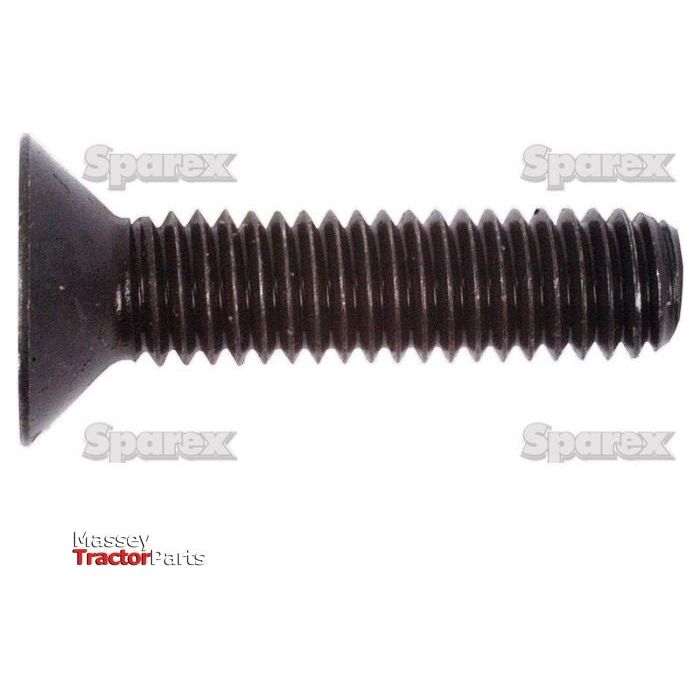 A black, threaded screw with a flat, countersunk head. The image features the logos "Sparex" and "Massey Tractor Parts." This Metric Countersunk Hexagon Socket Screw, identified by Sparex Part No. S.53949, conforms to DIN 7991 standards and measures M6x20mm.
