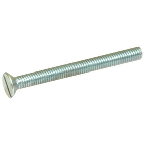 A close-up of the Sparex Metric Countersunk Machine Screw, M5x20mm (DIN 963), with a slotted drive, featuring a long threaded shaft, made from durable stainless steel (Sparex Part No. S.53986).