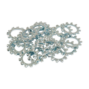 A collection of small, silver, metal cog gears and Metric External Shakeproof Washers (12mm), Sparex Part No. S.5820 by Sparex, arranged on a white background.