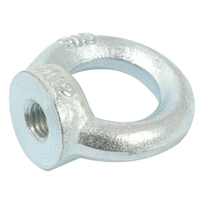 Close-up view of the Sparex Metric Eye Nut, M12xØ30mm (DIN 582) with a threaded opening and markings, commonly used for lifting and securing objects. This eye nut complies with DIN 582 standards.