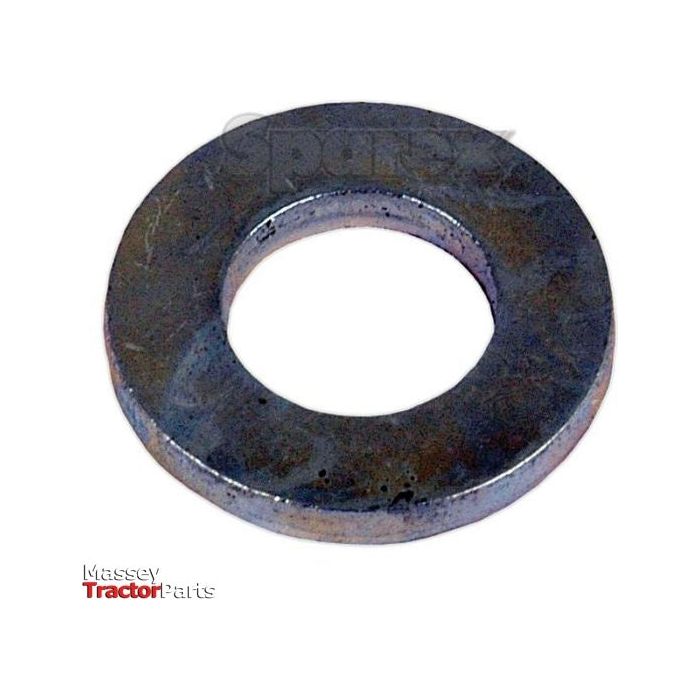 A zinc-plated metric flat washer with a 10mm inner diameter, 25mm outer diameter, and 4mm thickness (DIN | Standard No. DIN 7349 | Sparex Part No. S.54834) is placed against a white background. The Massey Tractor Parts logo is visible in the bottom left corner.