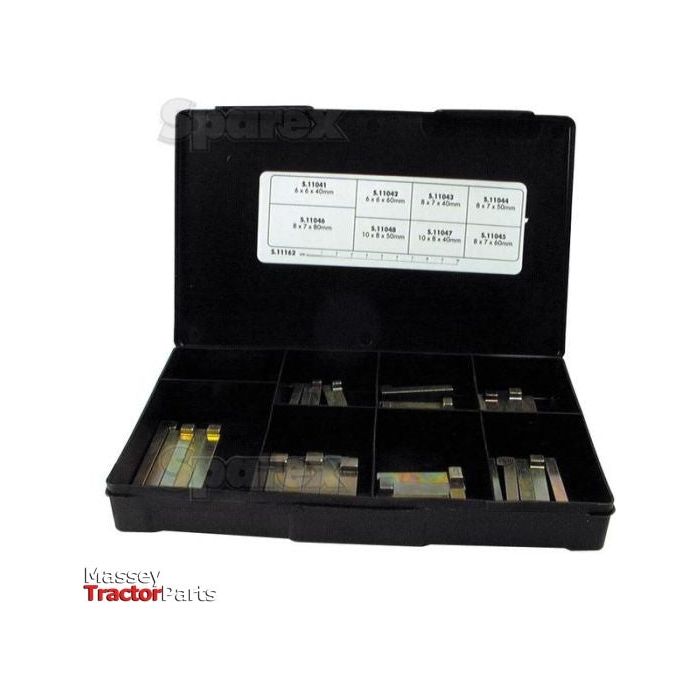 The Sparex Metric Gib Head Key storage case, designed for keys ranging from 6 - 10 x 6 - 8 x 40 - 50mm (in accordance with Din 6884/6887 standards), is a black plastic container segmented into labeled compartments for organized storage of various replacement parts. The inner lid has an attached part identification chart, and the Sparex logo is prominently displayed on the bottom left.