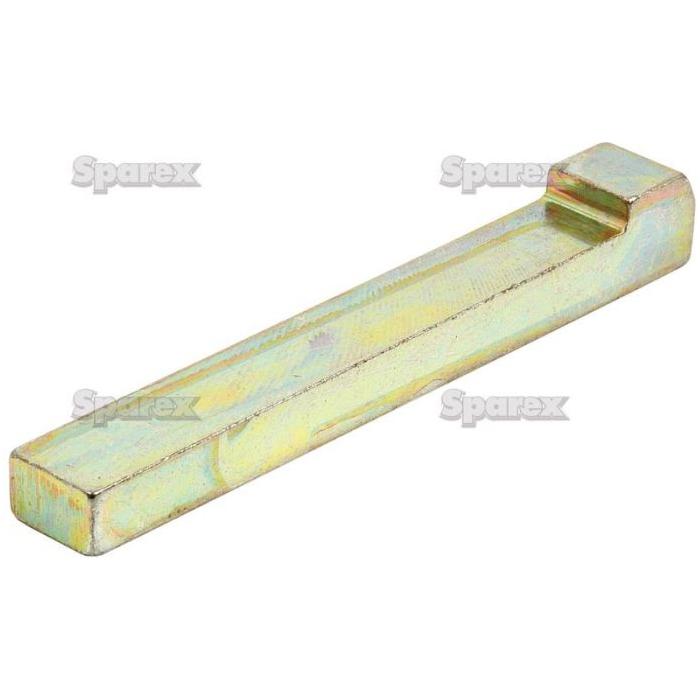 Close-up of a metallic rectangular bar with a small right-angle bend at one end, resembling the Sparex Metric Gib Head Key. The metal, measuring 6.0 x 40mm and compliant with DIN 6884/6887 standards, has a slightly iridescent coating.