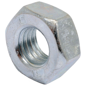 A close-up image of the Sparex Metric Hexagon Nut, M10x1.50mm (DIN 934) Metric Coarse, Sparex Part No.S.1056, showcasing its internal threading.