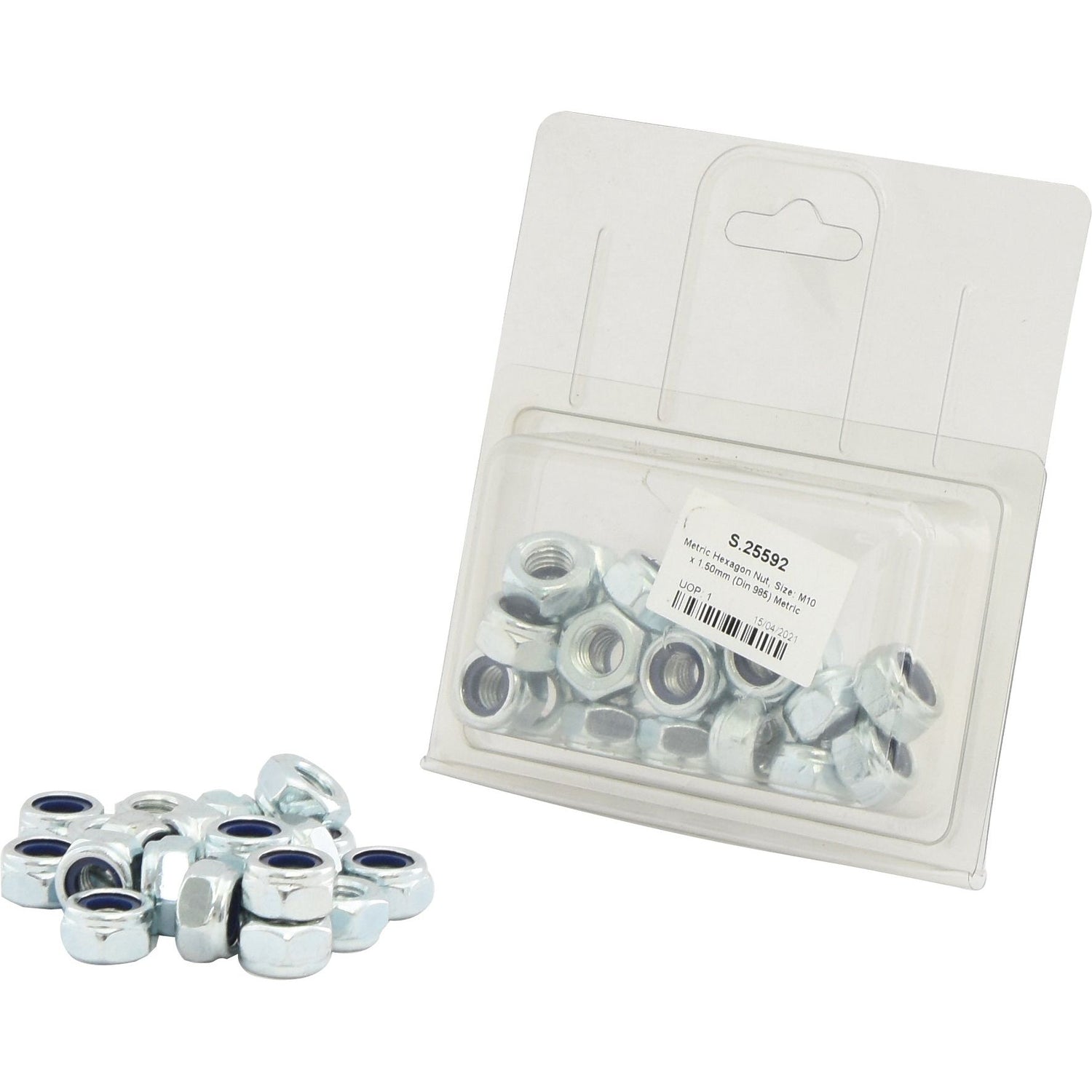 A plastic package containing several Metric Hexagon Nuts, M10x1.50mm (DIN 985) Metric Coarse, with some scattered outside. The package features a label with the text "Metric Hexagon Nut, M10x1.50mm (DIN 985) Metric Coarse | Sparex Part No.S.25592" by Sparex.