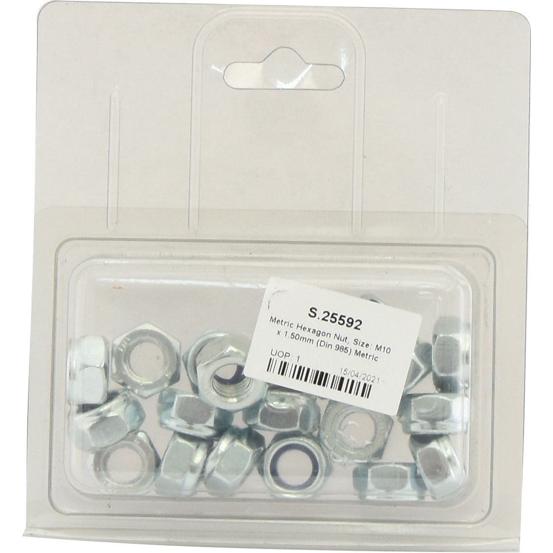 A clear plastic package containing multiple metric hexagon nuts with a label displaying product information, including the size M10x1.50mm, branded as Sparex and identified by Part No. S.25592 (DIN 985) Metric Coarse.