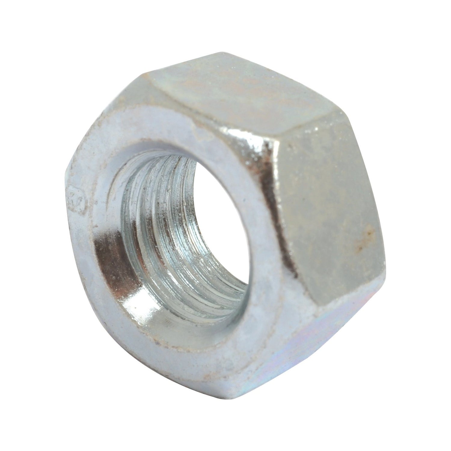 A close-up image of the Sparex Metric Hexagon Nut, M12x1.50mm (DIN 934) Metric Fine (Sparex Part No. S.51502), featuring shiny zinc plating and internal threading.