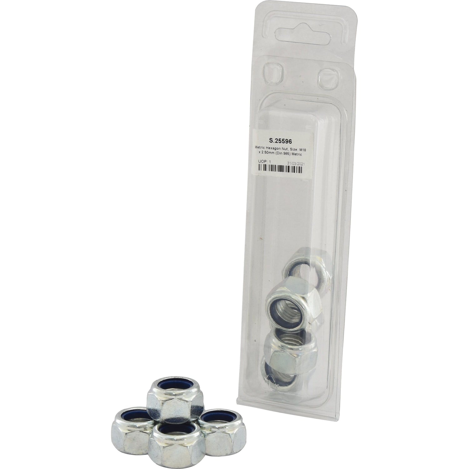 A plastic package containing a set of Sparex Metric Hexagon Nuts, M18x2.50mm (DIN 985) Metric Coarse with blue inserts, accompanied by six additional hexagon nuts displayed in front of the package.