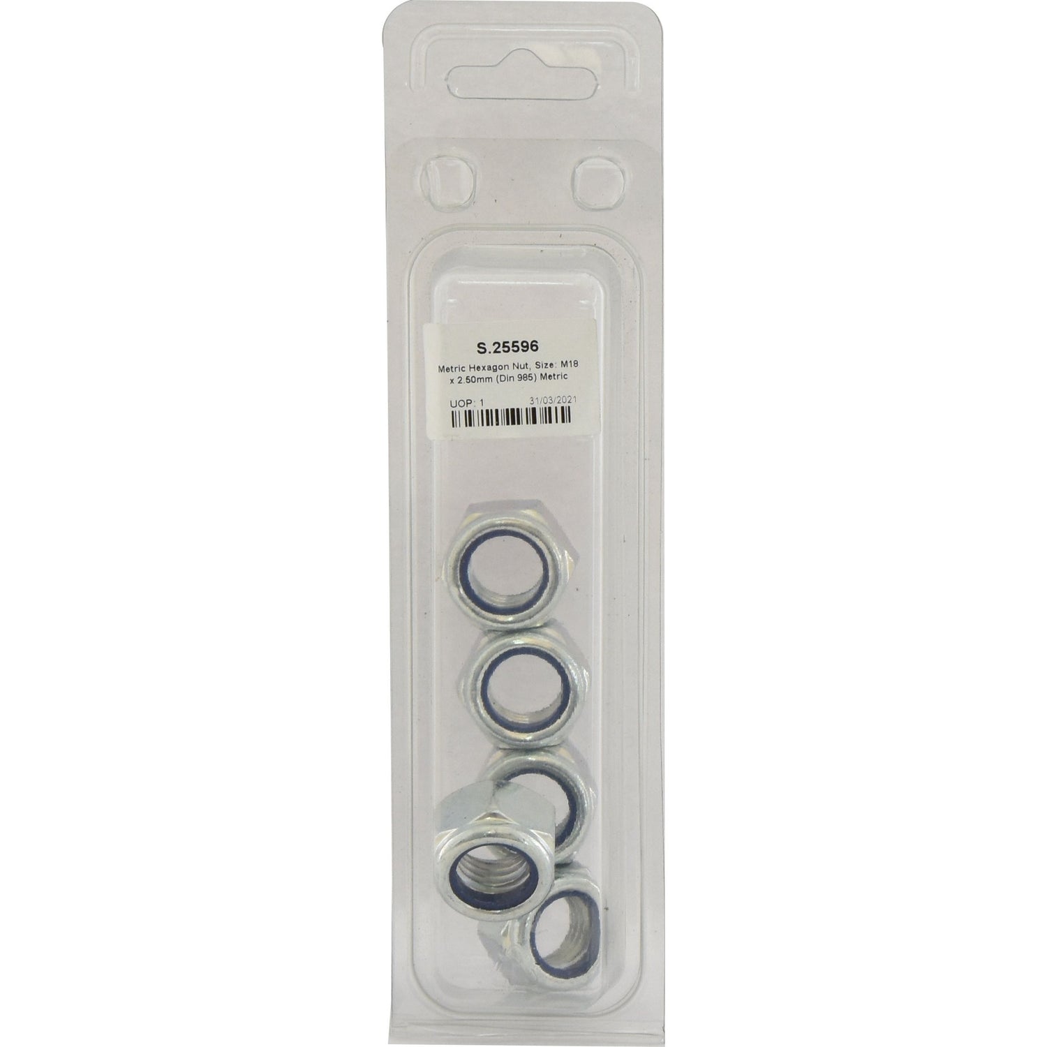 A package containing four Metric Hexagon Nuts, M18x2.50mm (DIN 985) with attached washers inside a clear plastic blister pack, labeled "S.25596" by Sparex, featuring Metric Coarse threading for your convenience.