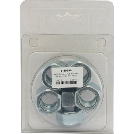 A plastic package containing four Sparex M22x2.50mm zinc-plated metric coarse hexagon nuts, labeled as steel and compliant with DIN 934 standards, under Sparex Part No. S.59890.