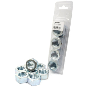 A pack of six Metric Hexagon Nut, M24x3.00mm (DIN 934) Metric Coarse from Sparex Part No.S.59891 is displayed in a clear plastic hanging package, with six loose nuts arranged in a hexagonal pattern in front. These durable nuts boast a tensile strength of 8.8, ensuring reliable performance for your projects.