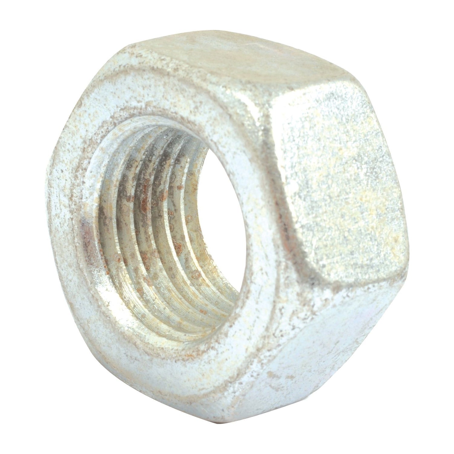 Close-up view of the Sparex Metric Hexagon Nut, M33x3.50mm (DIN 934), metric coarse with zinc plating, featuring internal threading for use in mechanical assemblies (Sparex Part No. S.53825).