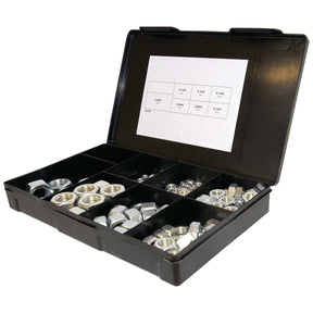 A black plastic organizer box with compartments, holding various sizes of the Sparex Metric Hexagon Nut, M6 - 12x1.00 - 2.50mm (DIN 934) Metric Coarse (Sparex Part No.S.6781), and a label with specifications inside the lid.