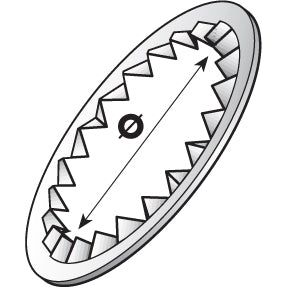Illustration of a circular mechanical gear with jagged edges and two arrows pointing in opposite directions along the diameter, indicating rotational movement, reminiscent of the Sparex Metric Internal Shakeproof Washer (6mm ID), Part No. S.5827.