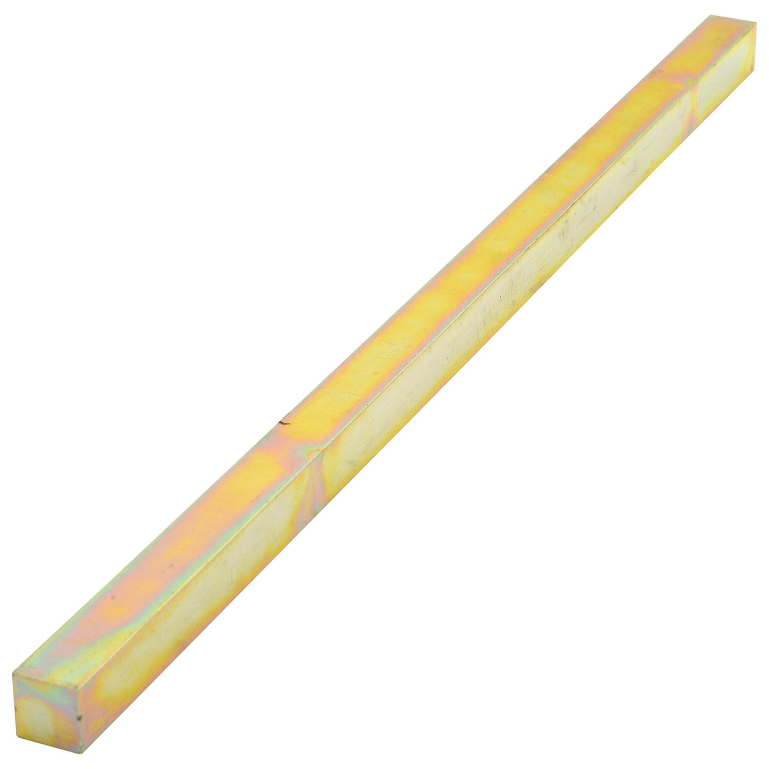 A long, thin, metallic rectangular bar with a yellow and iridescent finish, crafted to meet DIN 6880 standards—Sparex's Metric Key Steel 12.0 x 12.0 x 300mm (Part No. S.3486).