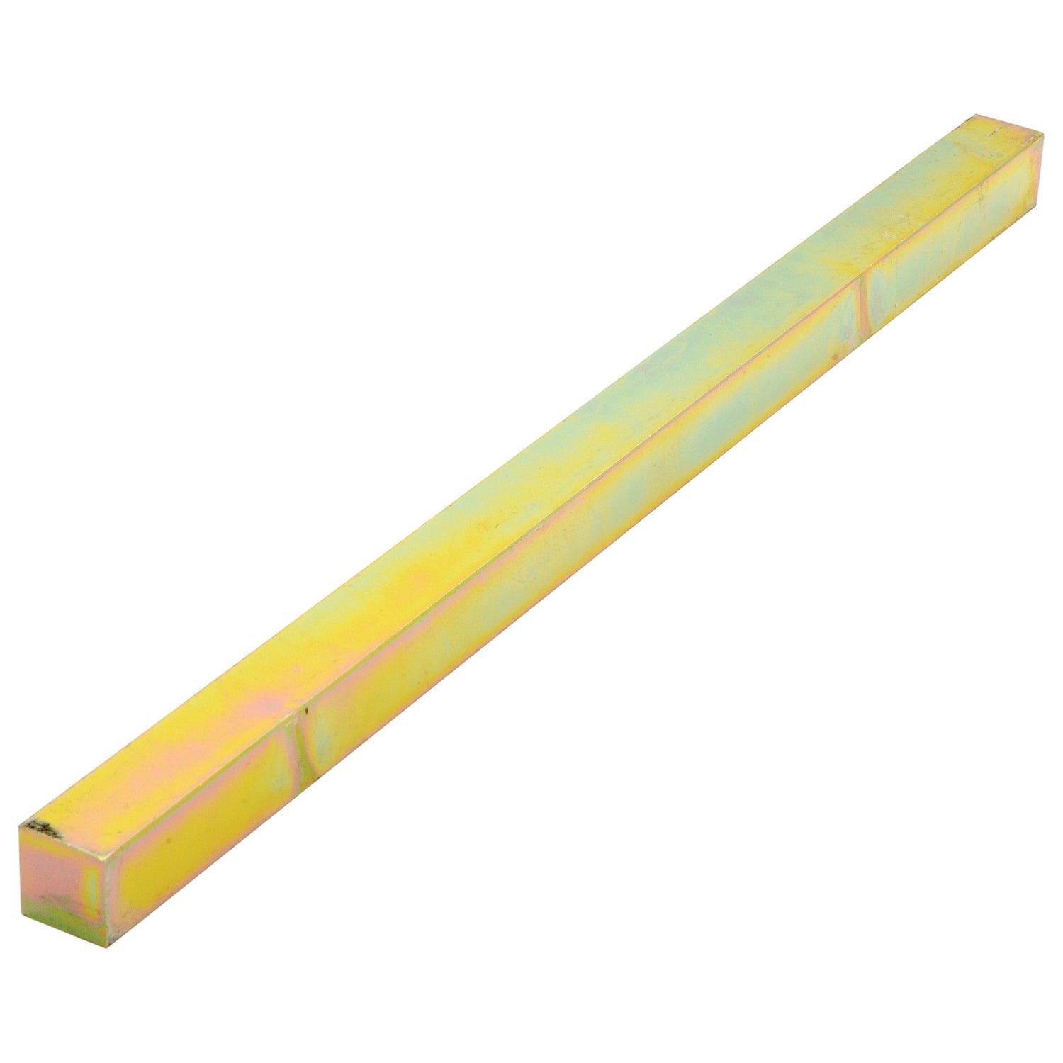 A long, rectangular yellow metal bar with a reflective surface, measuring 300mm in length, made from Sparex Metric Key Steel (16.0 x 16.0 x 300mm) and compliant with DIN 6880 standards; product code S.3488.