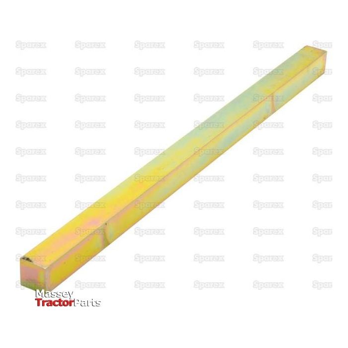 A square metal rod from Sparex, known as the Metric Key Steel 16.0 x 16.0 x 300mm (DIN 6880) with a yellow-green finish, is displayed on a white background. The image features faint watermark text and has the Massey Tractor Parts logo positioned at the bottom left.