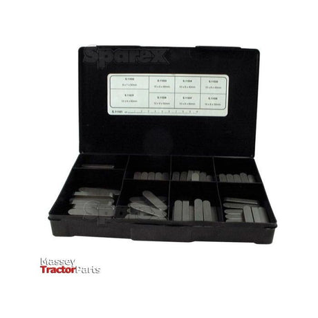 A black plastic case, labeled "Metric Parallel Keys Assortment, 80 pcs. Handipak | Sparex Part No.S.11161," containing various segmented metal parts. The case includes labeled compartments and a description sheet inside the lid and is branded with "Sparex" logo.