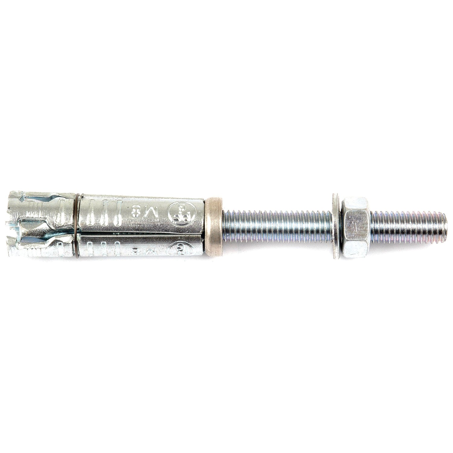 The Sparex Metric Rawl Bolt, M8x50mm (Sparex Part No. S.8340) is a metal anchor bolt with a washer and hexagonal nut attached, designed for securing objects to concrete or masonry surfaces.