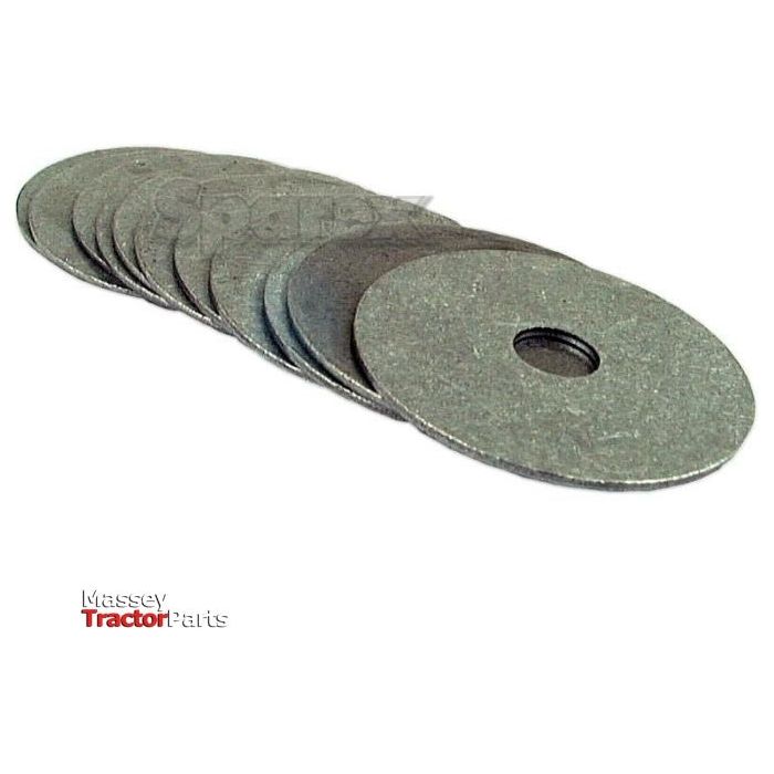 A stack of metal washers, featuring a Metric Repair Washer with an ID of 10mm and OD of 39mm according to DIN 7973 standards, arranged side by side with the text "Massey Tractor Parts" and "Sparex" partially visible in the background. The specific washer is identified as Sparex Part No. S.12400.